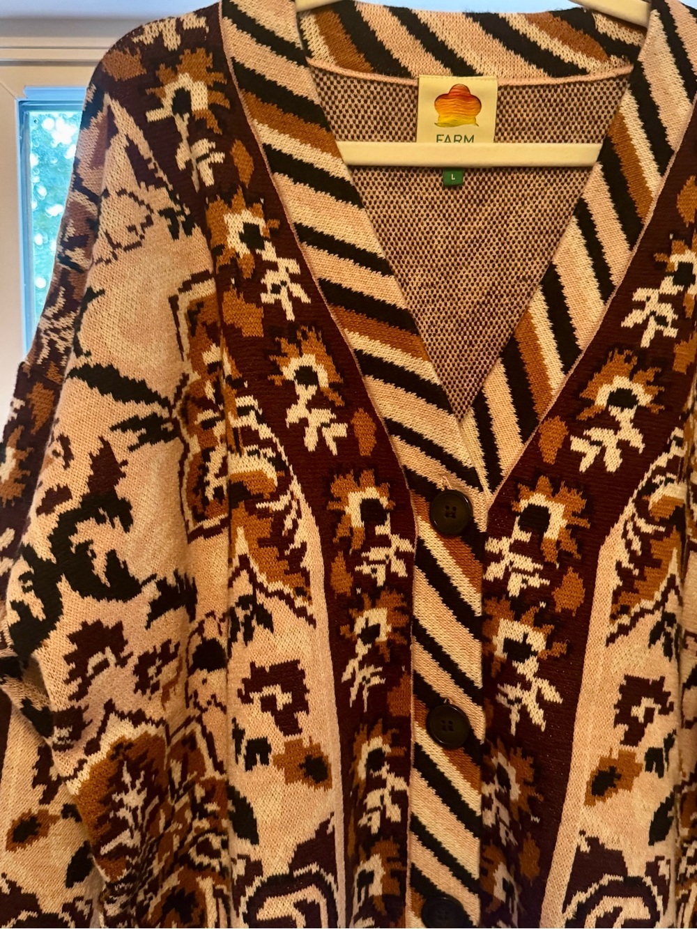 FARM Rio Brown and Cream Patterned V-Neck Cardigan - Picture 4 of 8